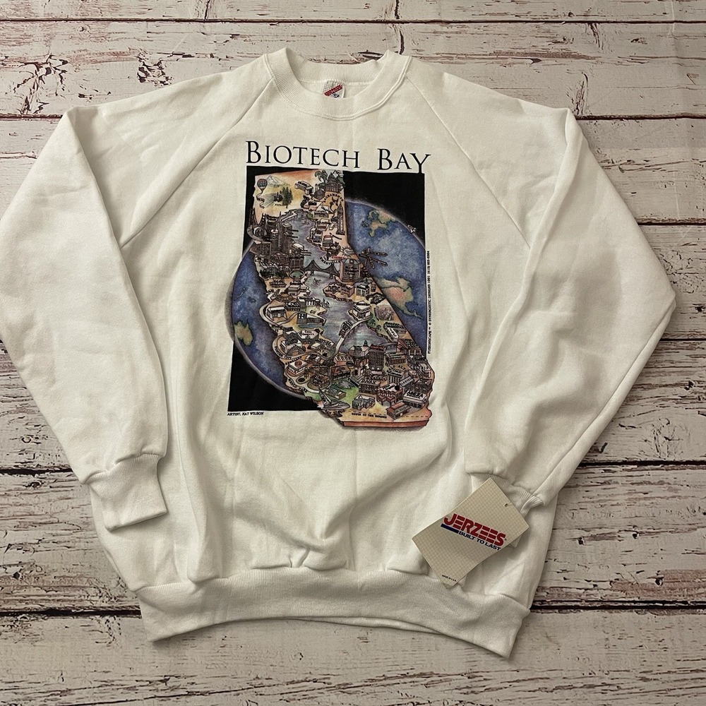 Vintage 1991‎ Biotech Bay California Jerzees Size XL Sweater Made In USA White